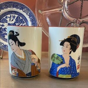 Pair of Japanese Geisha Porcelain Tea Cups